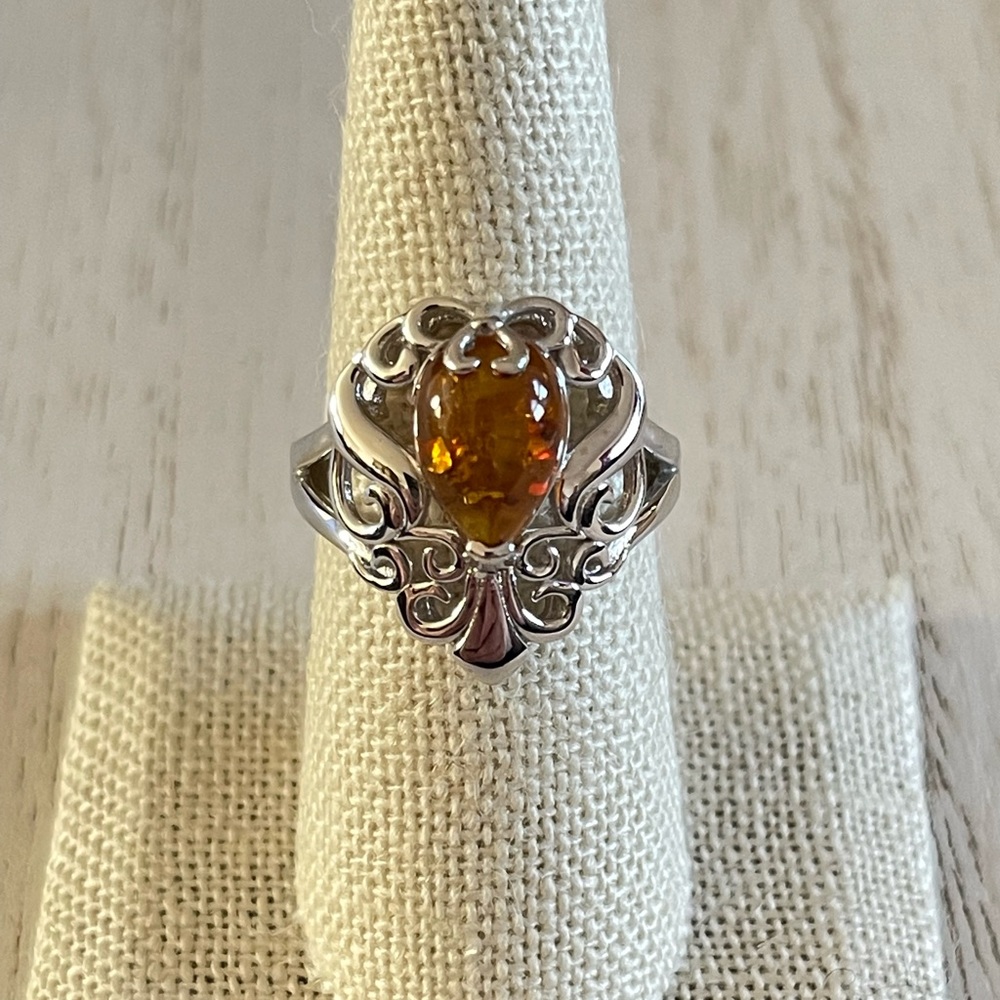 JTV Baltic Amber Pear Shaped Sterling Silver Ornate Ring Size 8